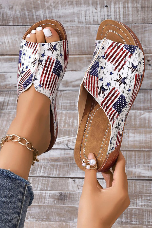 Independence Day Stars and Stripes Wedge Heel Peep Toe Slides-consonak