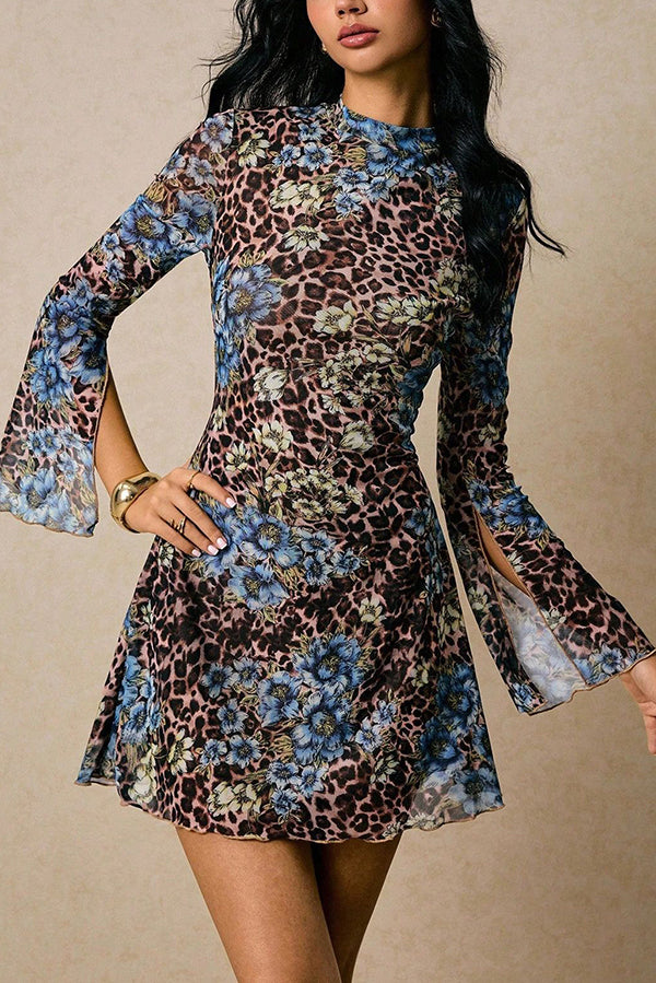 Floral Leopard Print Flared Long-sleeved Slim-fit Mini Dress-consonak