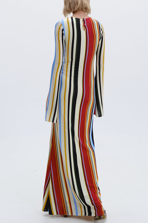 Vibrant Holiday Colorful Striped Print Extra Long Sleeve Fitted Flared Maxi Dress-consonak