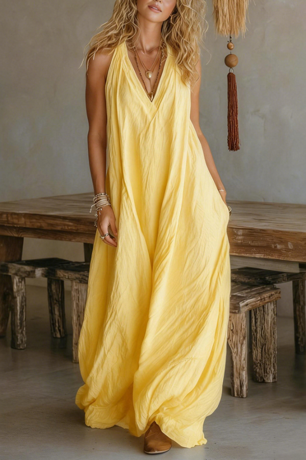 Linen Blend Solid Color Loose V-neck Sleeveless Pocket Casual Maxi Dress | Consonak