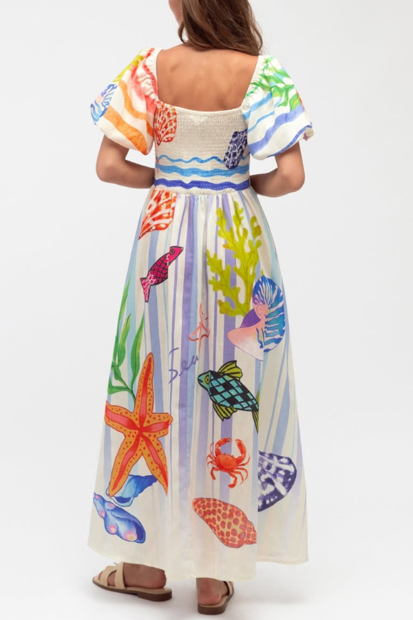 Marine Creature Print Square Neck Puff Sleeve Pleated Casual Pocket Maxi Dress-consonak