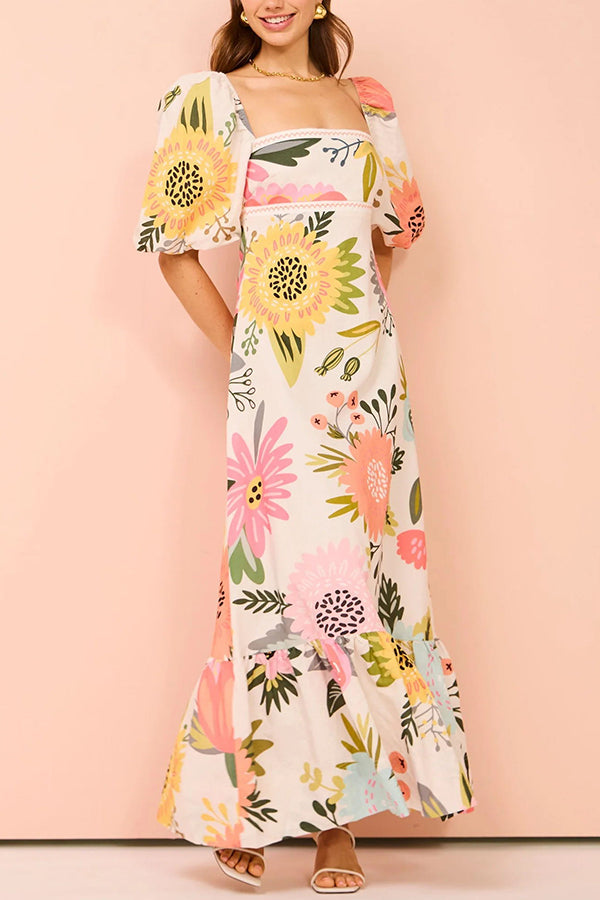 Looking for Sunshine Floral Print Square Neck Bubble Sleeve Maxi Dress | Consonak