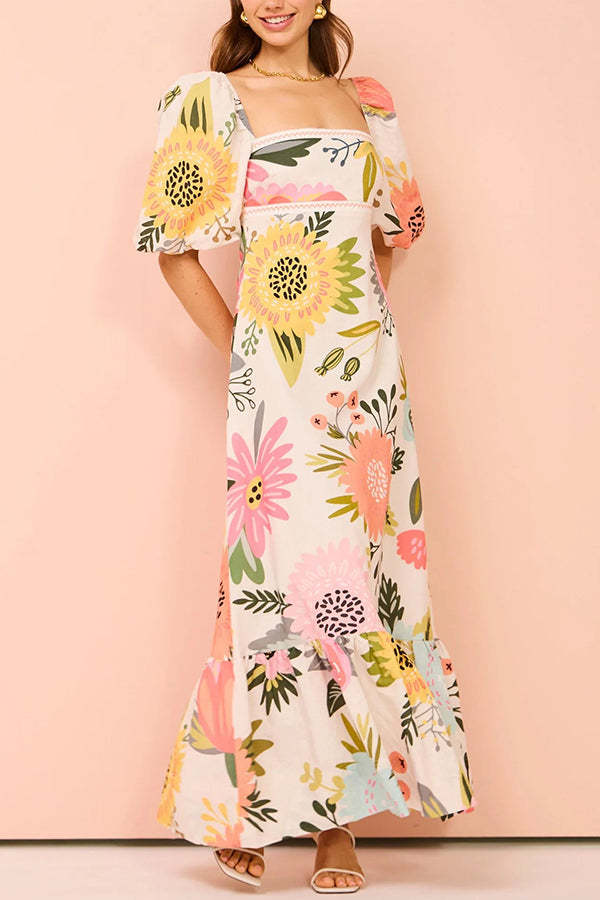 Looking for Sunshine Floral Print Square Neck Bubble Sleeve Maxi Dress-consonak