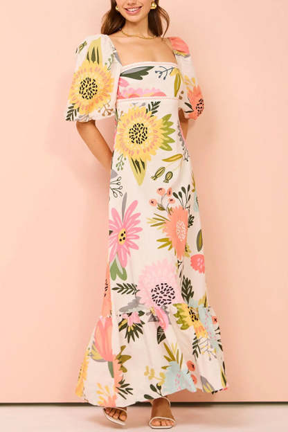 Looking for Sunshine Floral Print Square Neck Bubble Sleeve Maxi Dress-consonak