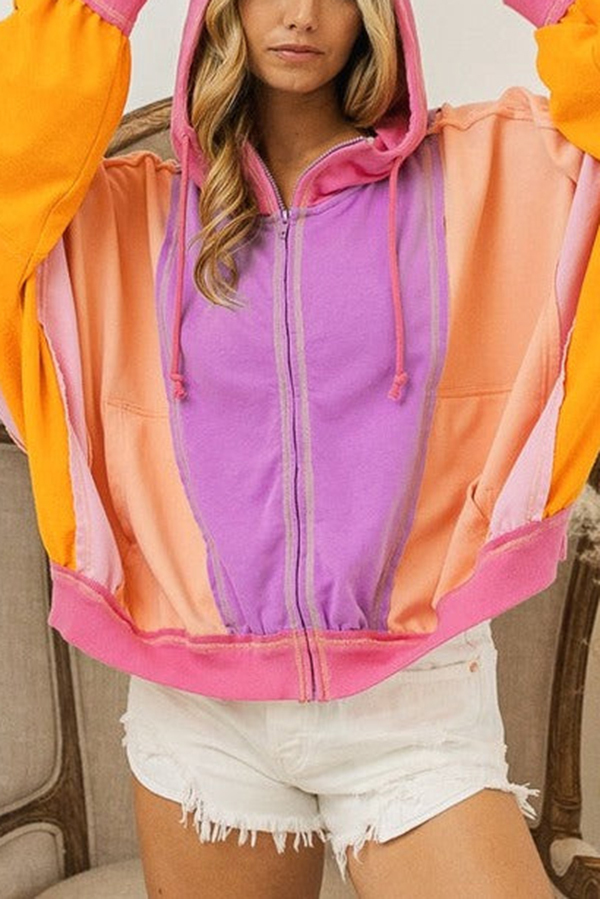 Fresh Color Matching Fashionable Loose Casual Hooded Jacket-consonak