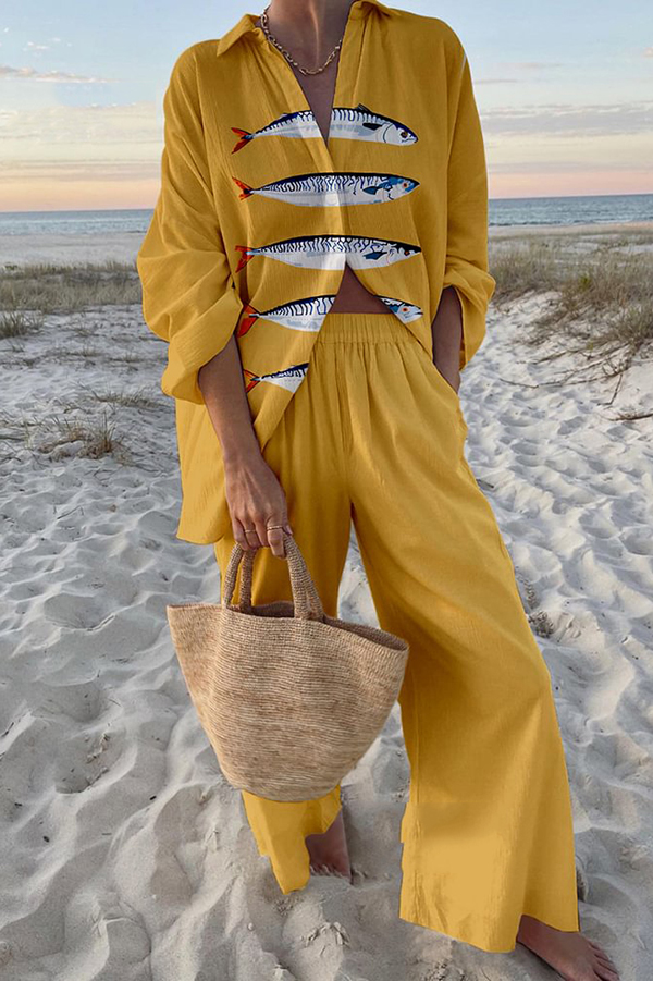 Unique Ocean Print Oversized Shirt and Elastic Waist Pocket Pants Set-consonak