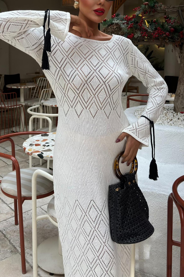 Solid Color Long-sleeved Tie Slim-fit Knit Openwork Cover-up Maxi Dress-consonak