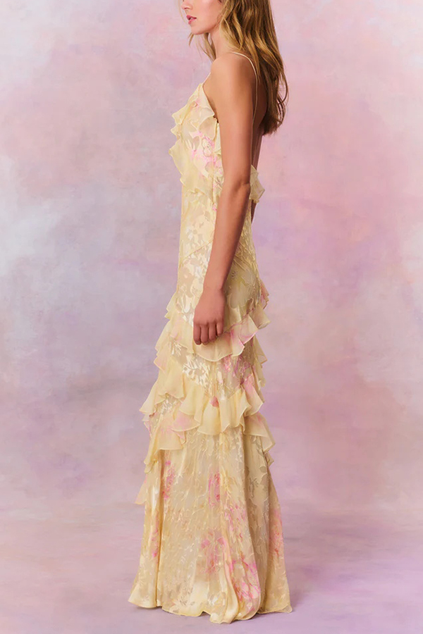 Multicolor Tie-dye Sexy Backless Wave-hem Strap Maxi Dress-consonak