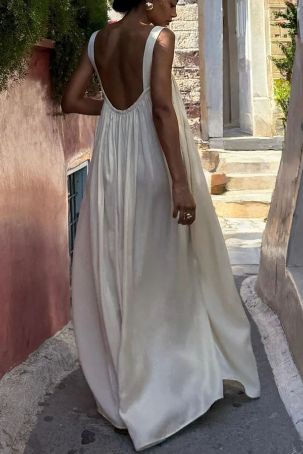 Pearlescent Luster Satin Wide Strap Open Back Loose Maxi Dress-consonak