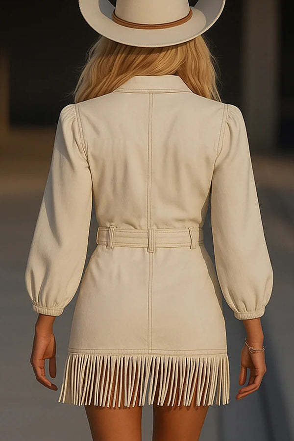 Stylish Long-sleeved Fitted Waist Fringed Hem Denim-style Mini Dress-consonak