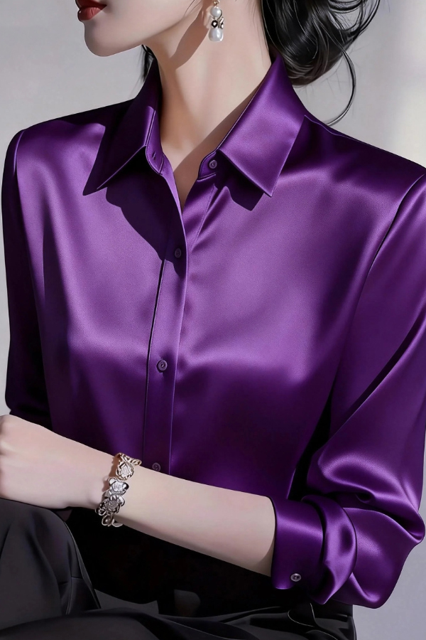 Solid Color Satin Collared Long-sleeved Button-down Casual Shirt | Consonak