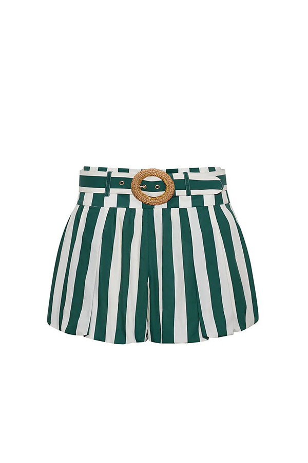 Claudine Striped Heart-shaped Smocked Tank and Raffia Buckle Belted Pocket Bubble Shorts Set