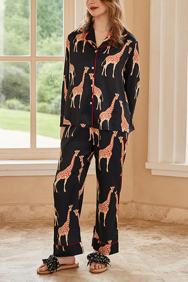 Giraffe Print Home Long-sleeved Two-piece Set | Consonak