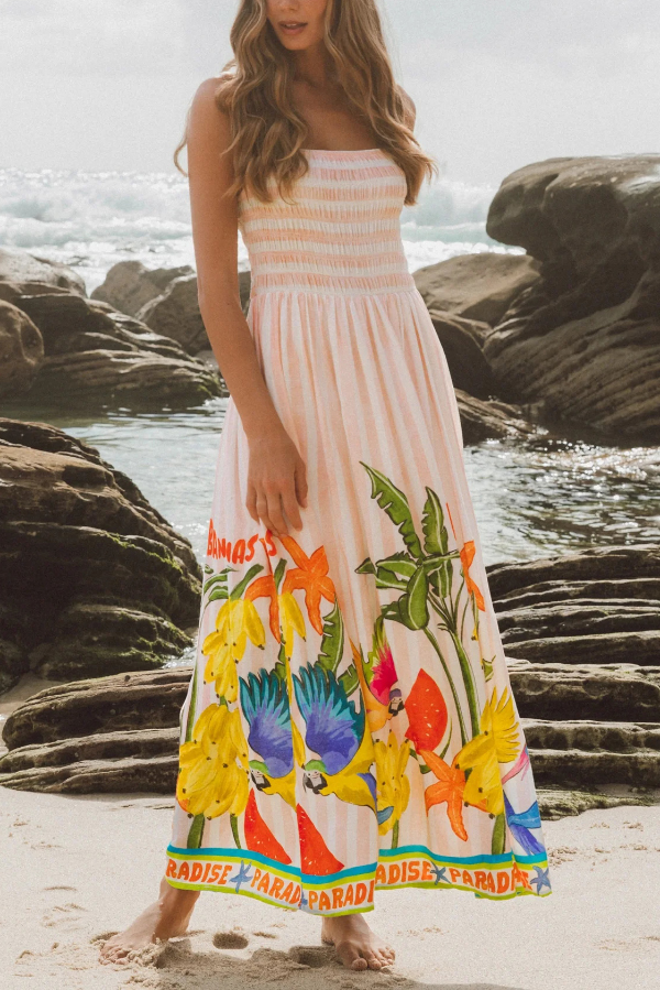 Botanical Print Square Neck Suspender Pleated Casual Vacation Maxi Dress | Consonak
