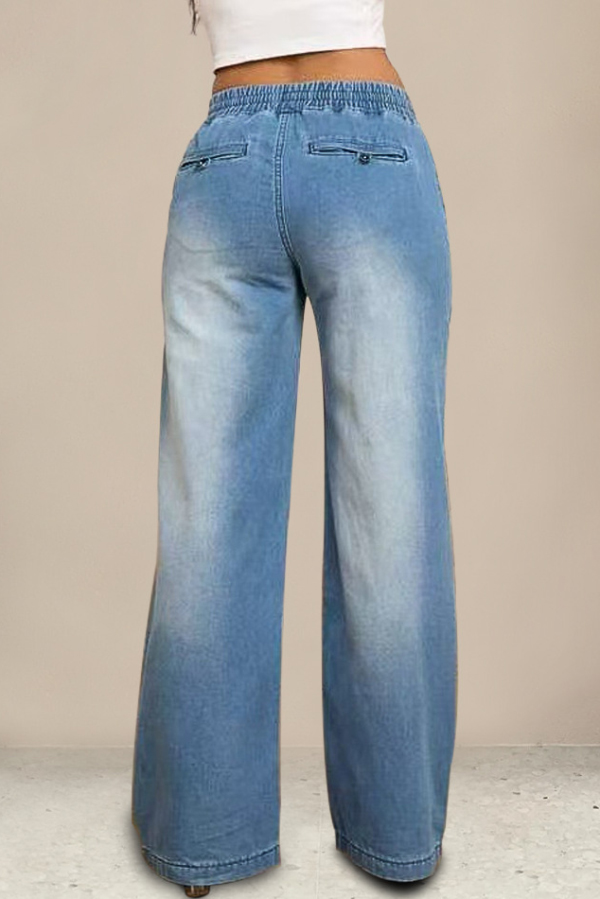 Stylish Elastic Waist Drawstring Pocket Casual Straight Wide-leg Jeans