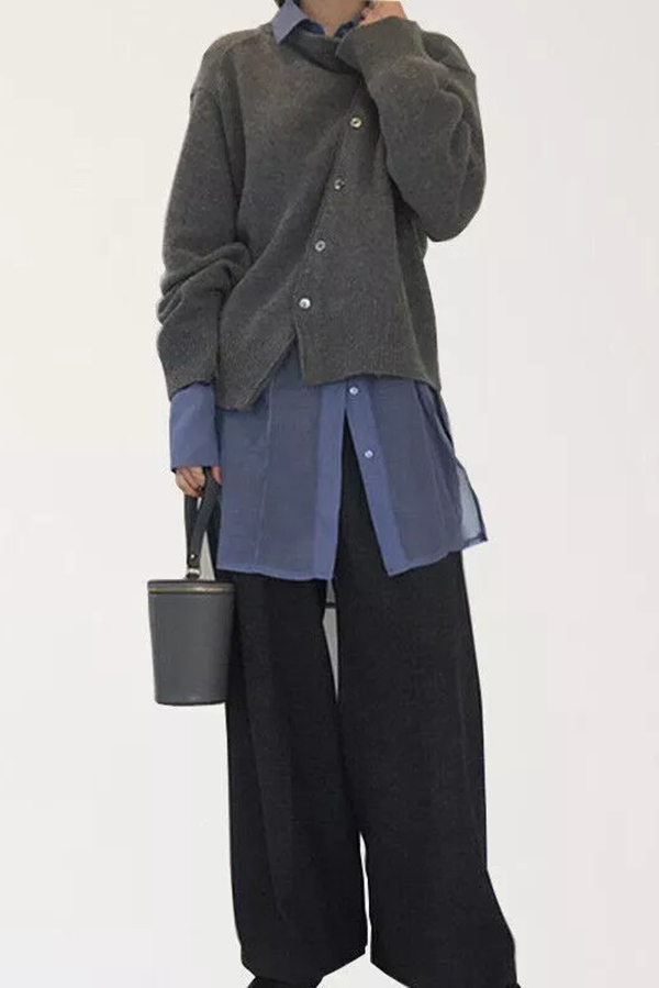 Stylish Irregular Button Knitted Crew Neck Sweater-consonak