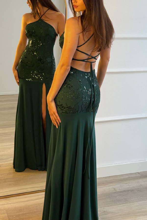 Fashionable Sequined Halter Neck Elegant Slim-fit Slit Maxi Dress-consonak