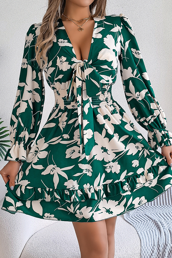 Floral Print V-neck Lace-up Long-sleeve Elastic Waist Mini Dress-consonak