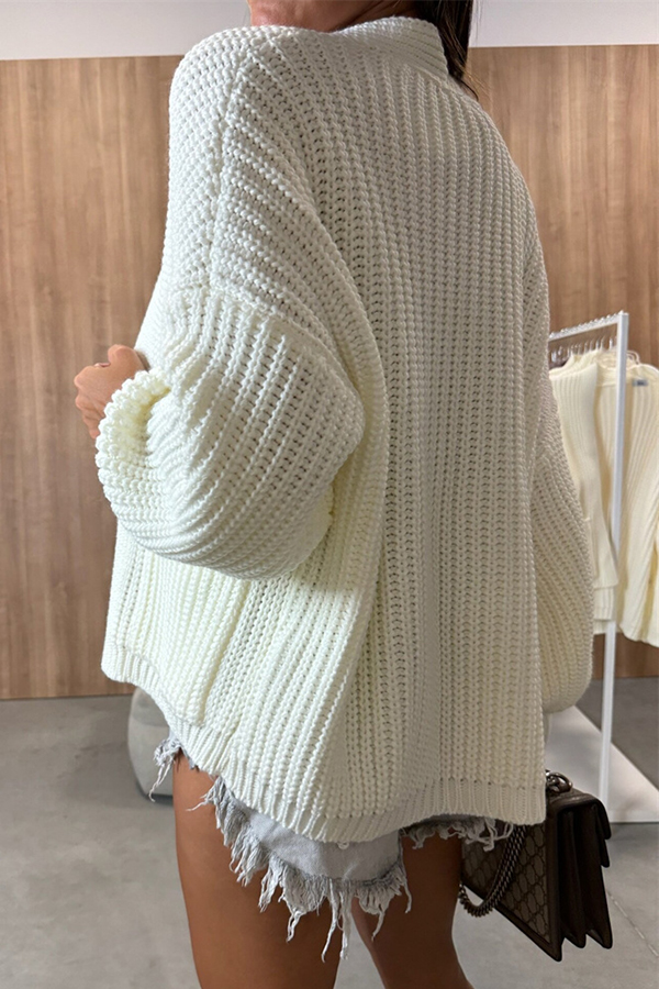 Solid Color V-neck Long-sleeved Casual Knitted Cardigan-consonak