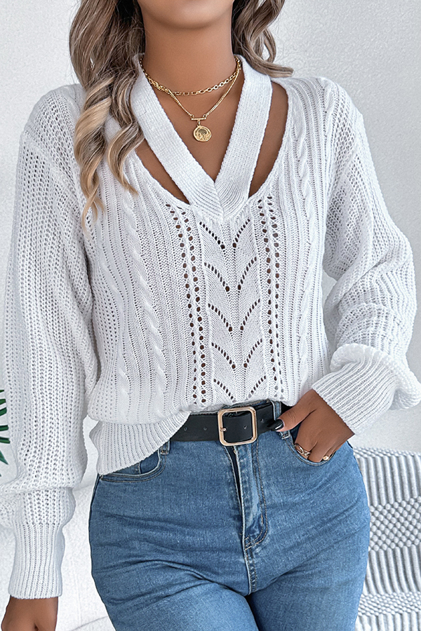 Casual Hollow V-neck Long-sleeved Knitted Sweater-consonak