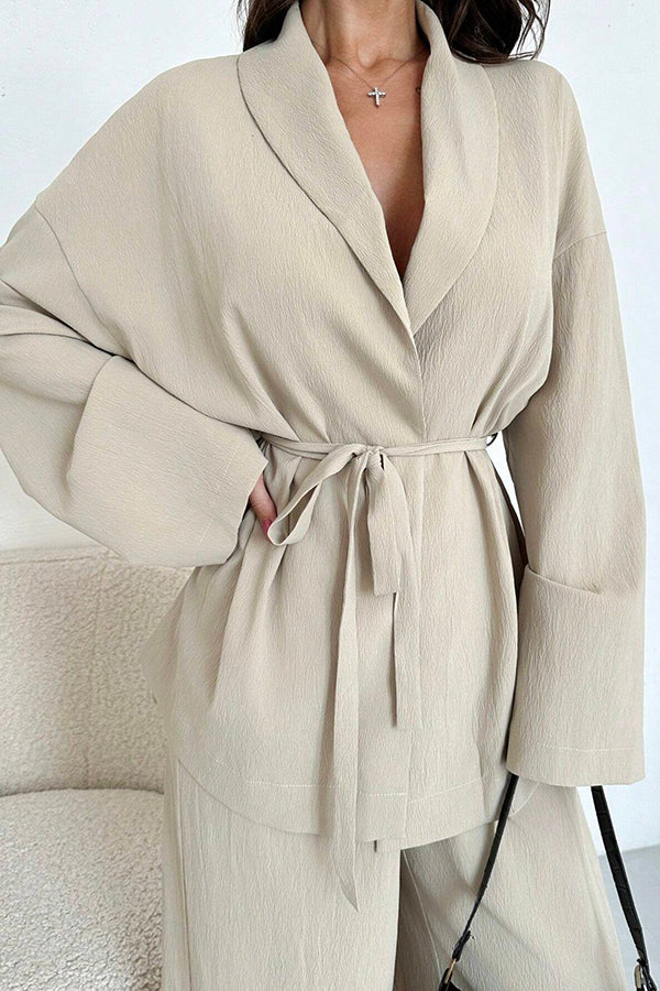 Solid Color Collared Long-sleeved Tie-waist Loose Top and Elastic Waist Casual Wide-leg Pants Set-consonak