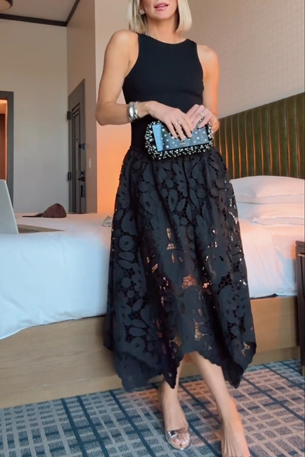 Atlas Asymmetric Ribbed-knit and Guipure Lace Back Zipper Midi Dress-consonak