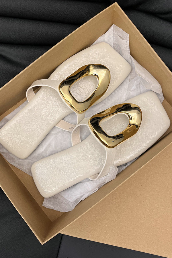 Versatile Square Toe Thong Casual Flat Metal Buckle Sandals-consonak