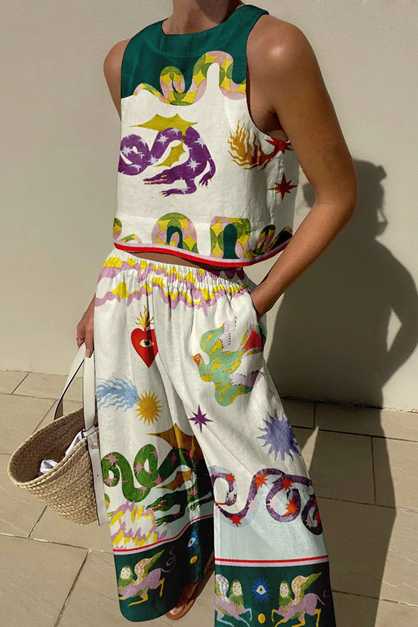 Best Photo Linen Blend Unique Print Tank and Elastic Waist Pocketed Pants Set-consonak
