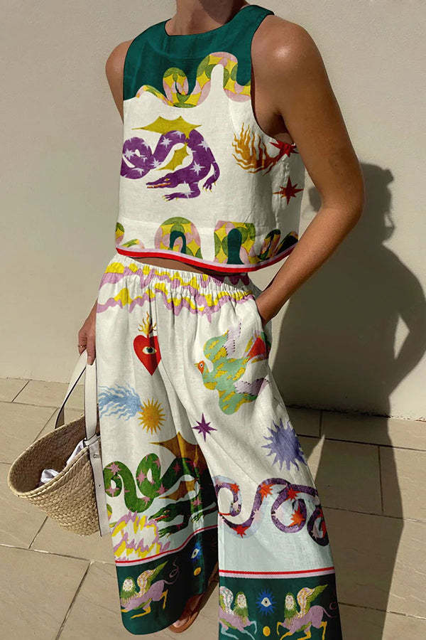 Best Photo Linen Blend Unique Print Tank and Elastic Waist Pocketed Pants Set-consonak