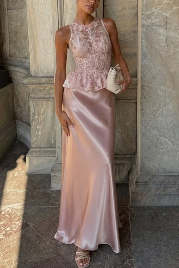 Siena 3D Floral Trim Lace Crew Neck Sleeveless Drape Satin Hem Maxi Dress-consonak