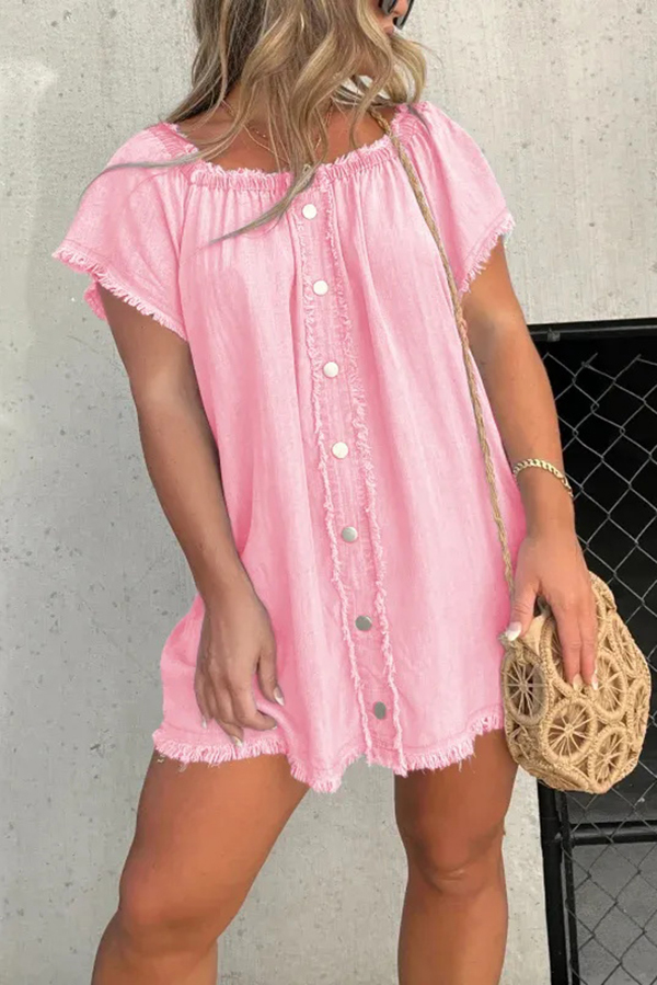 Fashionable Off Shoulder Short-sleeved Loose Denim Mini Dress-consonak