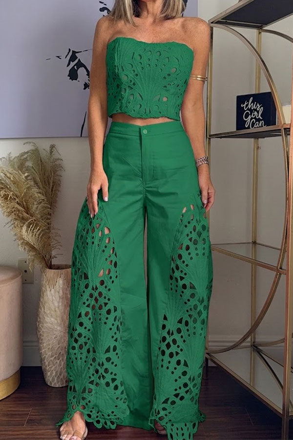 Sienna Embroidered Cut-Out Palazzo Pants Two-Piece Set-Consonak