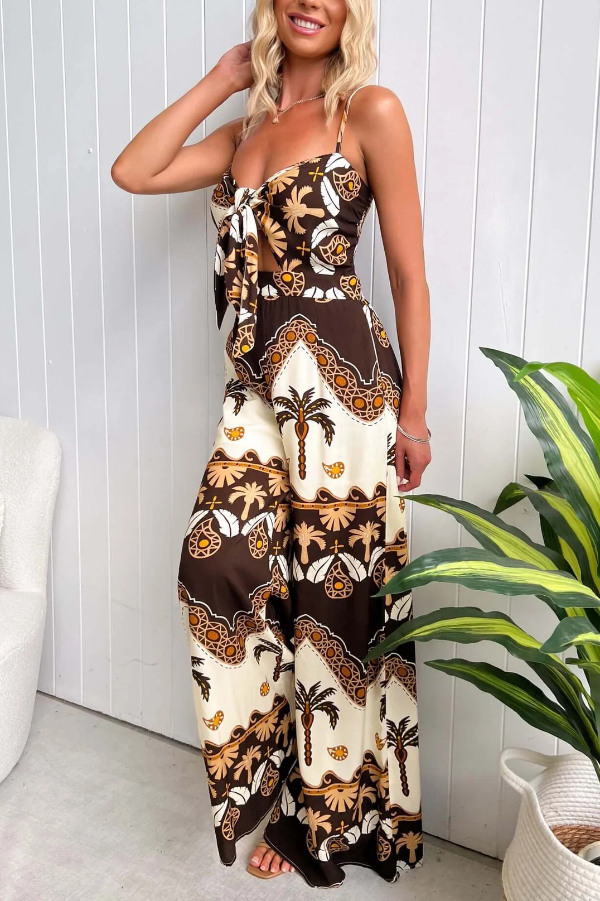 Unique Print Casual Spaghetti Strap High Waist Resort Loose Wide Leg Jumpsuit | Consonak