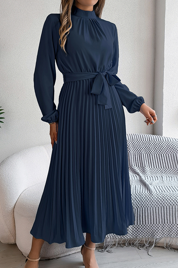 Elegant Stand-collar Long-sleeve Waisted Tie-up Pleated Midi Dress-consonak