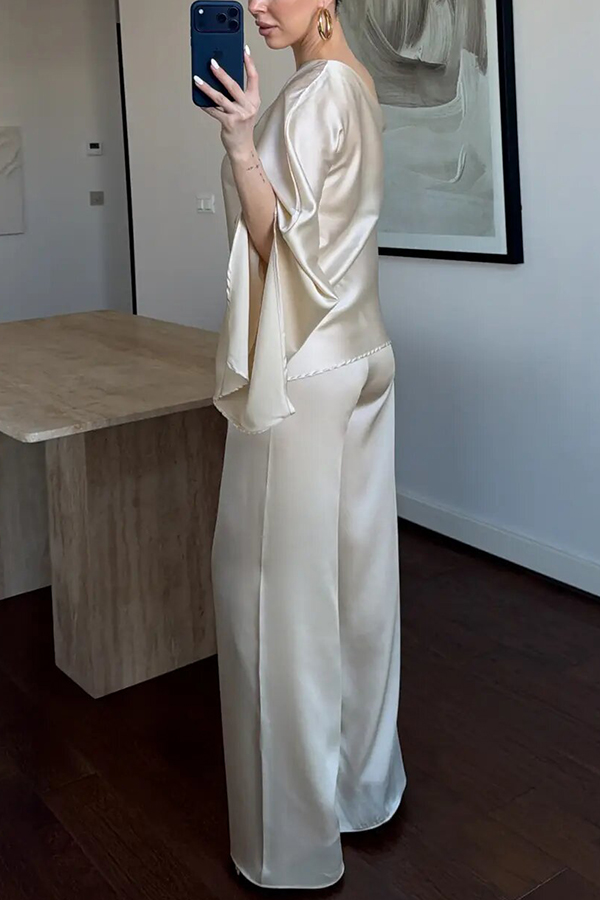 Arnell Satin One-Shoulder Cape Top and Elastic Waist Wide Leg Pants Set
