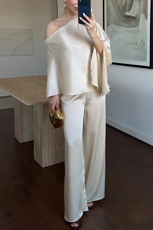 Arnell Satin One-Shoulder Cape Top and Elastic Waist Wide Leg Pants Set