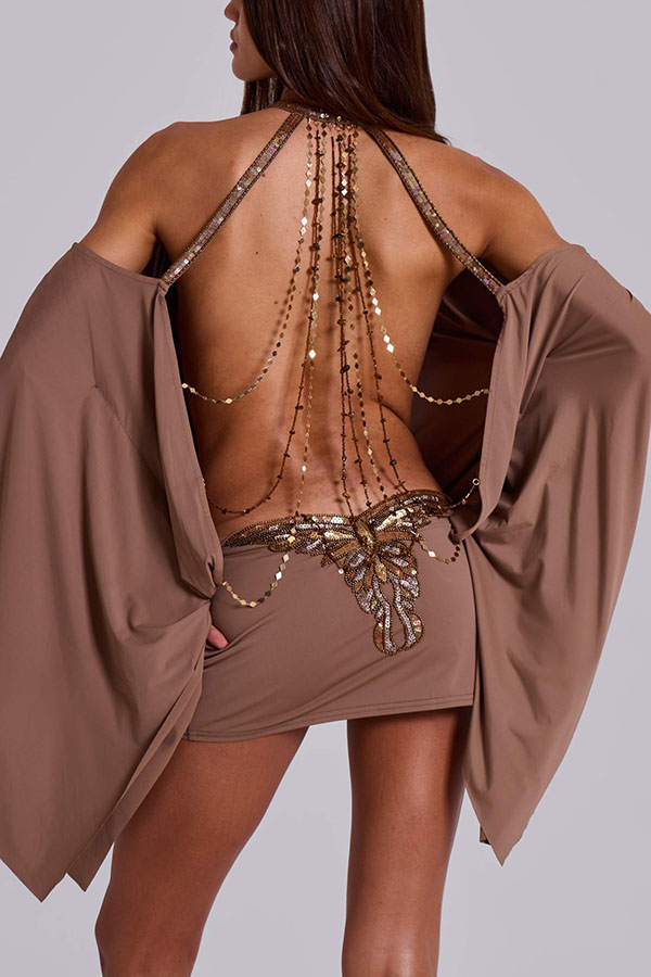 Alula Chain Sequin Embroidered Butterfly Kimono Slit Sleeve Backless Mini Dress | Consonak