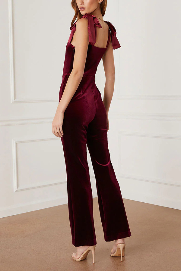 Merlot Sippin' Velvet Shoulder Tie Flare Stretch Jumpsuit-consonak