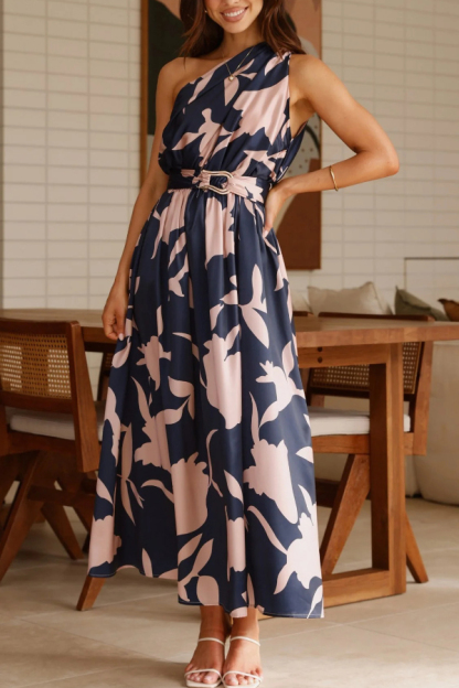 Unique Printed One-Shoulder Belt Casual Holiday Maxi Dress
