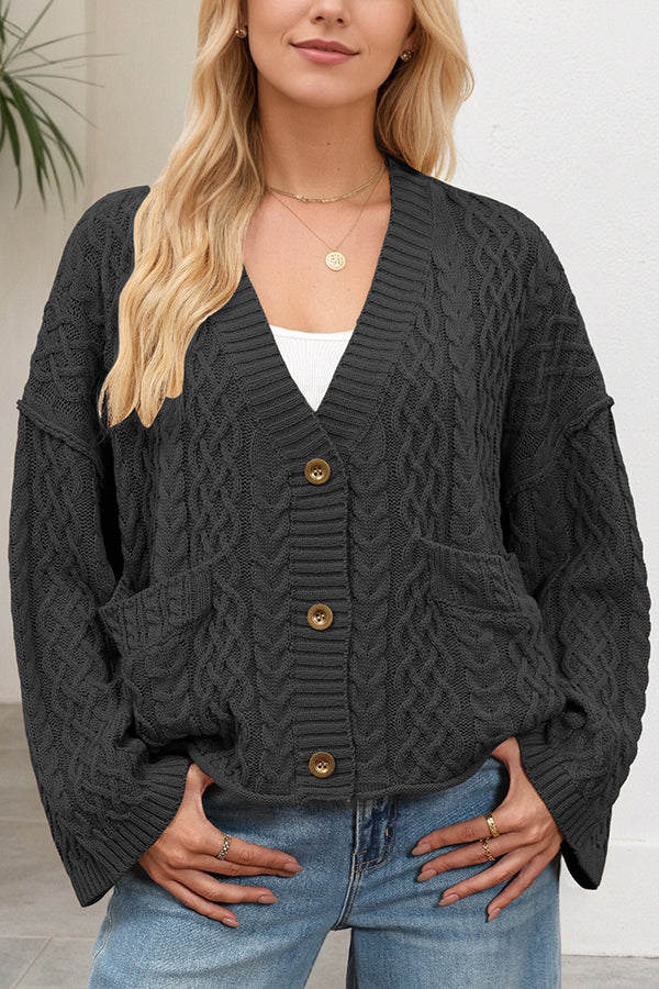Solid Color Loose V-neck Long-sleeved Casual Pocket Knitted Cardigan-consonak