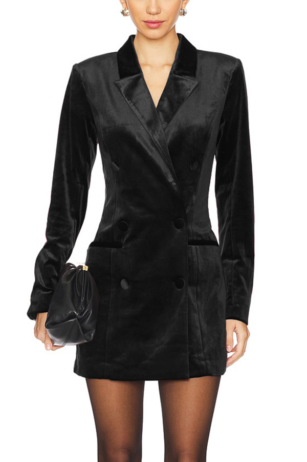 Holiday Soiree Solid Color Velvet Lapel Long Sleeve Blazer Mini Dress-consonak