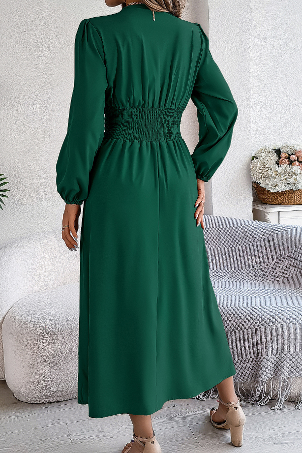 Solid Color V-neck Long-sleeved Fitted Waist Slit Elegant Midi Dress-consonak
