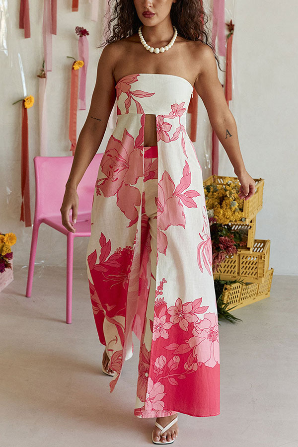 Flora Sunset Linen Blend Printed Front Slit Strapless Midi Top and High Rise Pocket Loose Pants Set