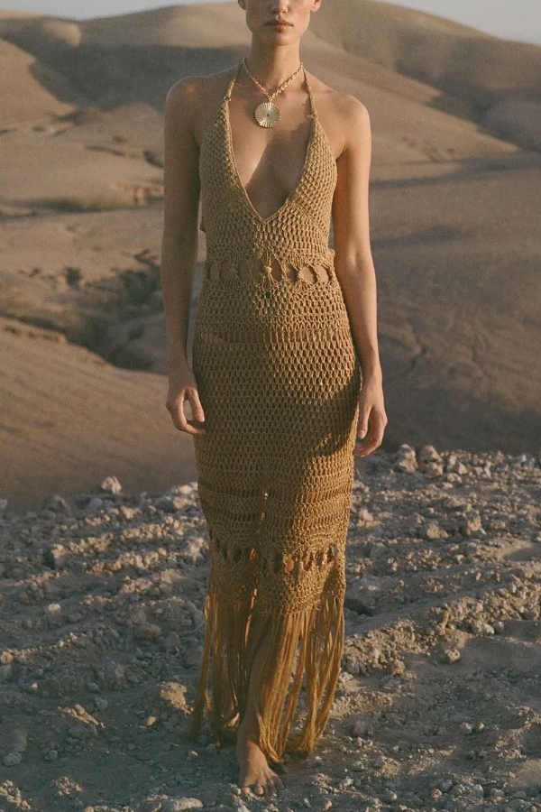 Fashionable Open-knit Backless Elegant Tassel Hem Vacation Cover-up Maxi Dress-consonak