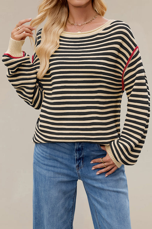 Striped Knit Loose-fitting Crew Neck Long-sleeved Casual Sweater-consonak