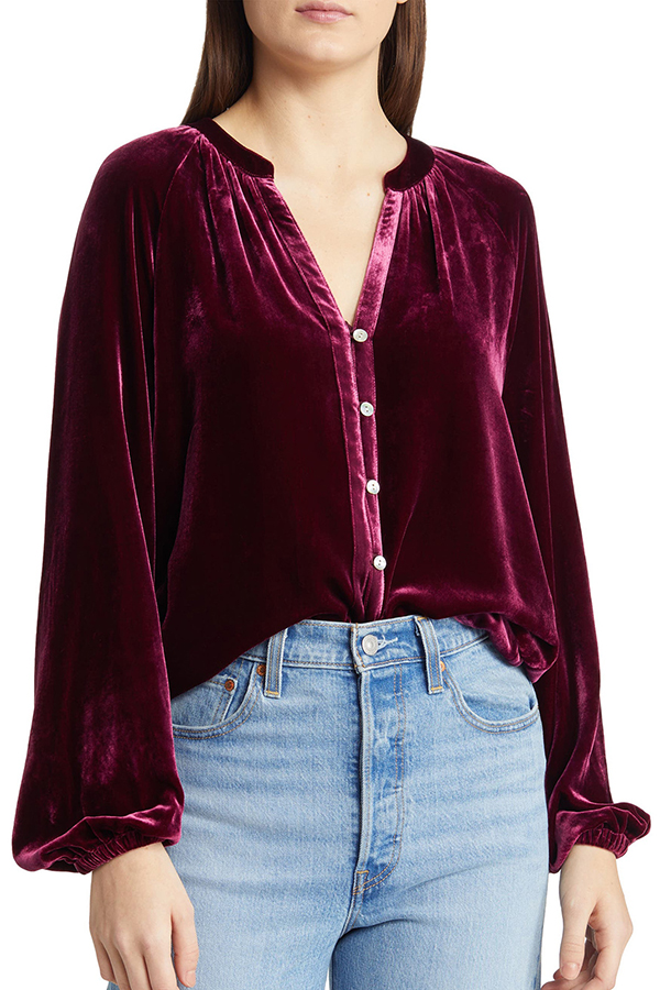 Solid Color Velvet V-neck Long-sleeved Shirt-consonak