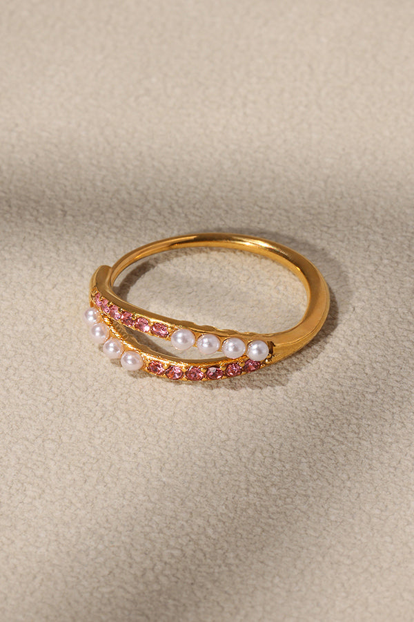 Fashionable Double-layer Inlaid Rhinestone Pearl Ring-consonak