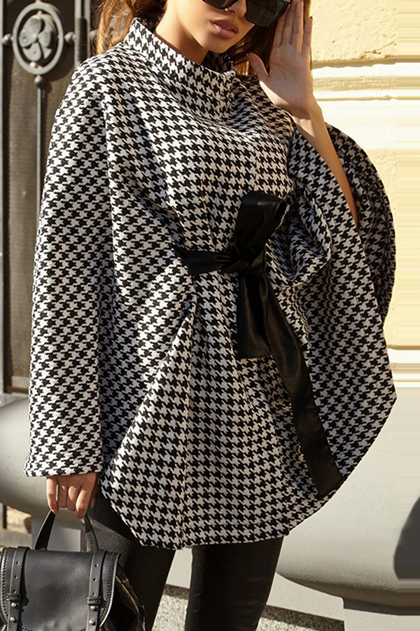 Stylish Houndstooth Loose Lace-up Cape-consonak
