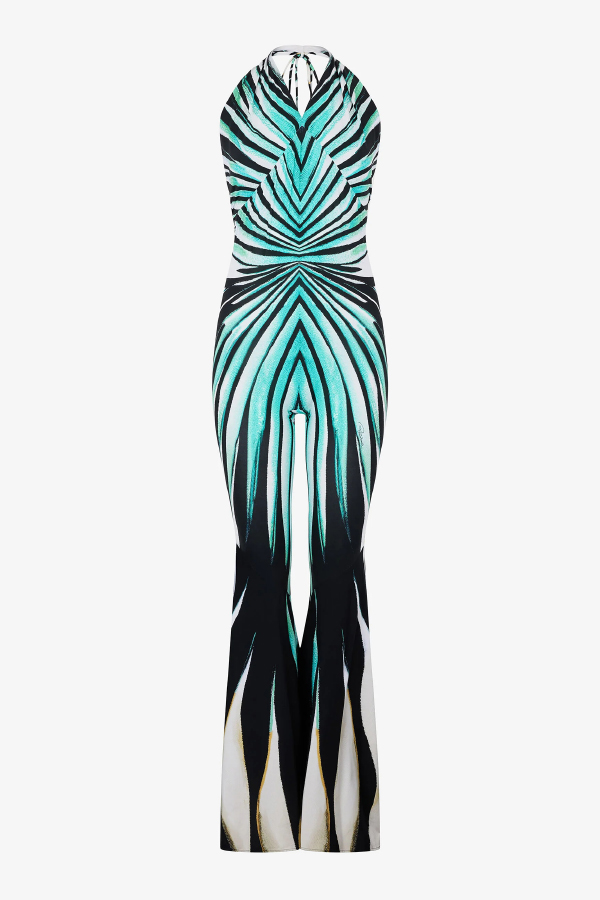 Unique Striped Print Halter Neck Cutout Tie-up Casual Flared Jumpsuit-consonak