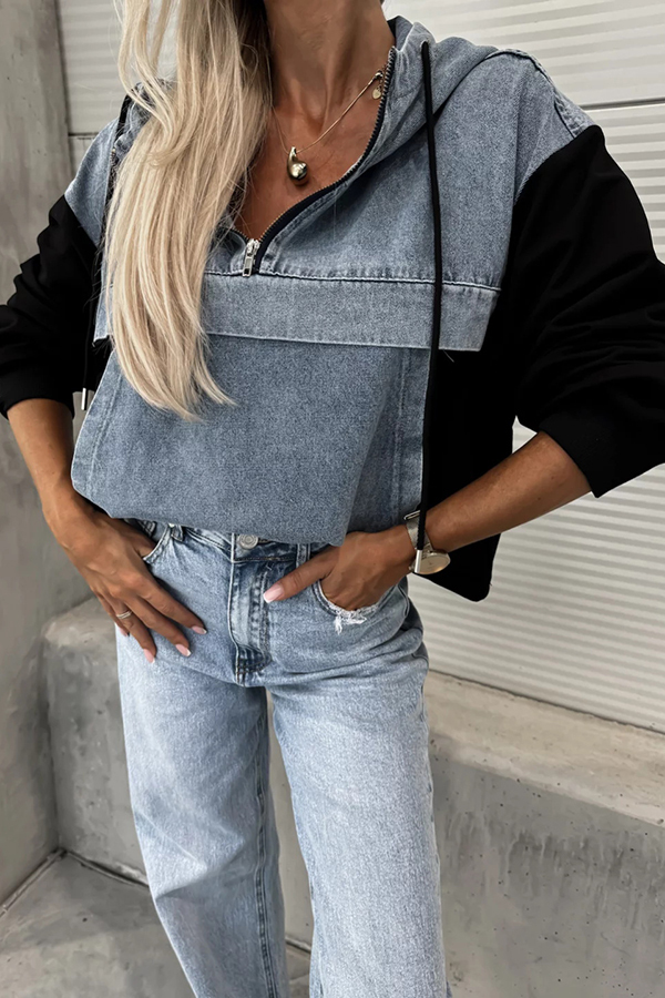 All The Time Denim Patchwork Soft Fabric Kangaroo Pocket Loose Hoodie-consonak